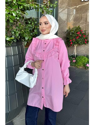 İmaj Butik Pembe Kol Lastikli Yaka Fırfırlıı Tunik
