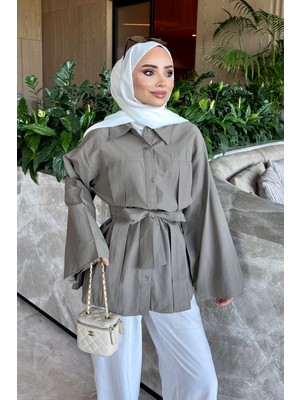 İmaj Butik Haki Geniş Kol Kuşaklı Gömlek