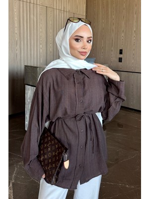İmaj Butik Kahverengi Bel Bağlamalı Çizgili Keten Salaş Gömlek