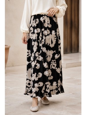 İmaj Butik Siyah Bel Lastikli Desenli Viscon Etek