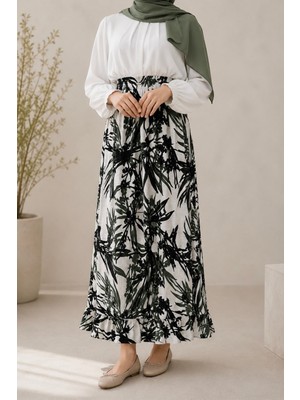 İmaj Butik Yeşil Bel Lastikli Desenli Viscon Etek