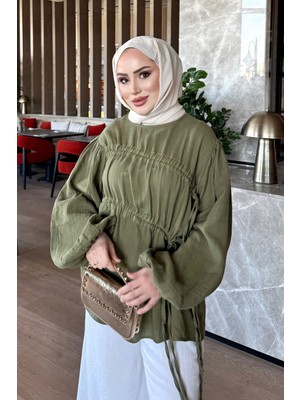 İmaj Butik Haki Bağcık Detaylı Balon Kol Müslin Tunik