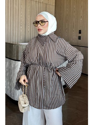 İmaj Butik Kahverengi Geniş Kol Çizgili Bel Bağlamalı Gömlek