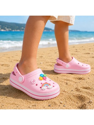 RS Riva Shoes Kız Çocuk Kreş Havuz Bahçe Terlik | Gökkuşağı ve Harf Aksesuarlı Hafif Günlük Terlik