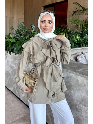 İmaj Butik Vizon Yaka Bağlamalı Fırfırlı Gömlek