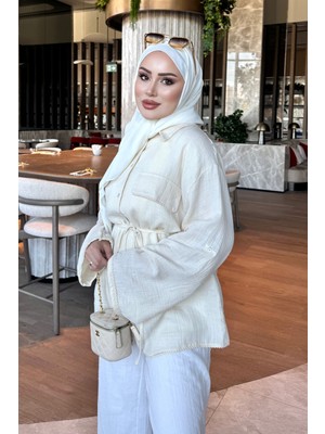 İmaj Butik Krem Bel Bağlamalı Oversize Müslin Gömlek