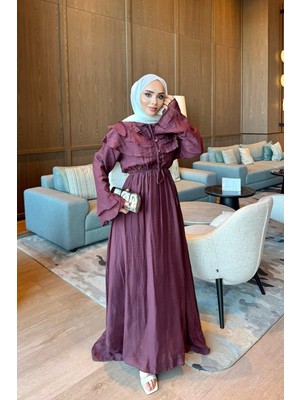 İmaj Butik Mürdüm Yaka Fırfırlı Bel Lastikli Elbise