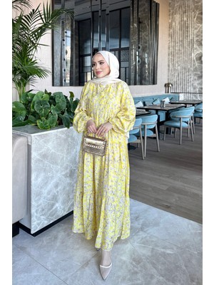 İmaj Butik Sarı Yarım Düğmeli Kol Lastikli Eteği Katlı Elbise