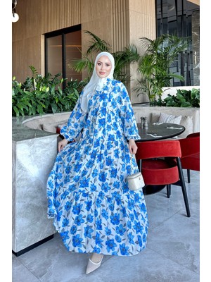 İmaj Butik Mavi Yarım Düğmeli Kol Lastikli Elbise