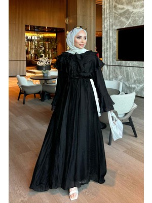İmaj Butik Siyah Yaka Fırfırlı Bel Lastikli Elbise