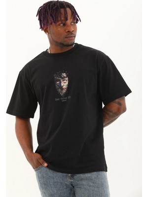 MiraLive Oversize Baskılı Bisiklet Yaka T-Shirt - Siyah -