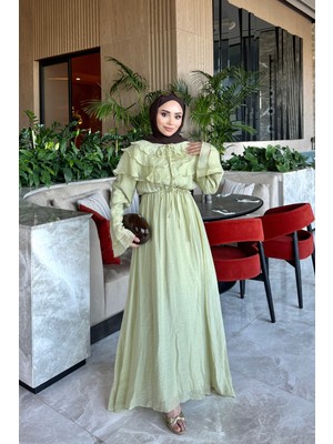 İmaj Butik Olive Yaka Fırfırlı Bel Lastikli Elbise