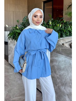 İmaj Butik Mavi Geniş Kol Kuşaklı Gömlek