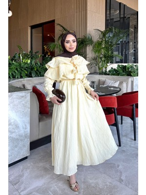 İmaj Butik Sarı Yaka Bağlamalı Katlı Elbise
