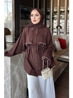 İmaj Butik Kahverengi Bel Bağlamalı Oversize Müslin Gömlek