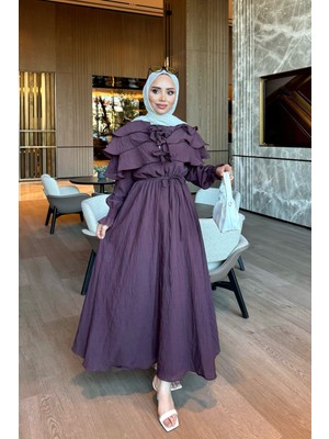 İmaj Butik Mürdüm Yaka Bağlamalı Katlı Elbise