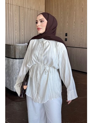 İmaj Butik Krem Bel Bağlamalı Çizgili Keten Salaş Gömlek