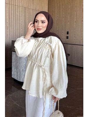 İmaj Butik Krem Bağcık Detaylı Balon Kol Müslin Tunik