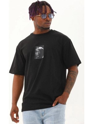 MiraLive Oversize Baskılı Bisiklet Yaka T-Shirt - Siyah -