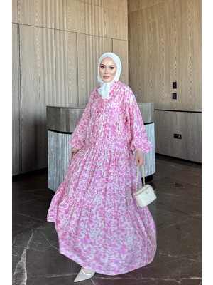İmaj Butik Pembe Yarım Düğmeli Kol Lastikli Eteği Katlı Elbise