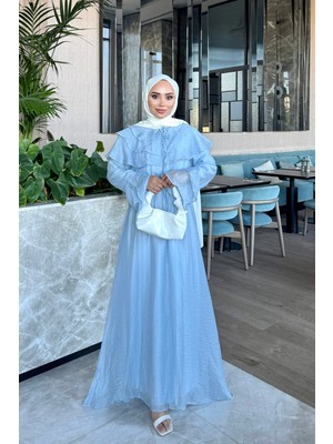 İmaj Butik Bebe Mavi Yaka Fırfırlı Bel Lastikli Elbise