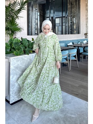 İmaj Butik Yeşil Yarım Düğmeli Kol Lastikli Eteği Katlı Elbise