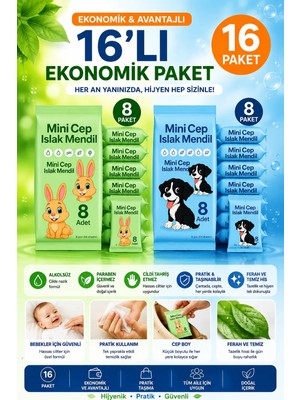 Anı Ofis Kırtasiye Mini Cep Islak Mendil 16'li Paket – Alkolsüz, Paraben İçermez, Çocuk ve Bebekler İçin Pratik Cep Boy Mendil