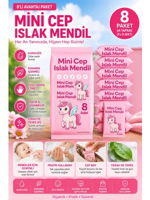 Anı Ofis Kırtasiye Mini Cep Islak Mendil 8'li Paket – Alkolsüz, Paraben İçermez, Çocuk ve Bebekler İçin Pratik Cep Boy Mendil Pembe