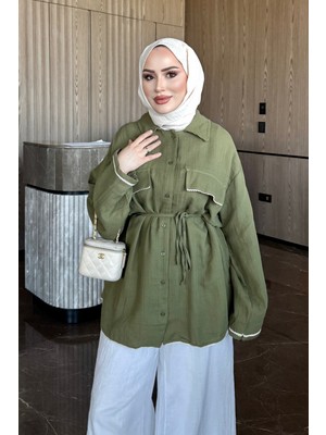 İmaj Butik Haki Bel Bağlamalı Oversize Müslin Gömlek