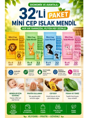 Anı Ofis Kırtasiye Mini Cep Islak Mendil 32'li Paket – Alkolsüz, Paraben İçermez, Çocuk ve Bebekler İçin Pratik Cep Boy Mendil