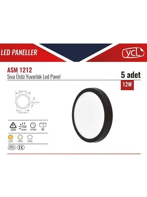 Ycl 12 W LED Panel  ASM-1212 - Gün Işığı - Siyah Kasa - Sıva üstü - 5 adet