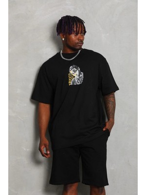MiraLive Oversize Baskılı Bisiklet Yaka T-Shirt - Siyah -