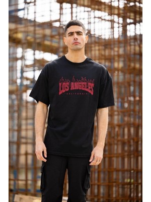 MiraLive Bisiklet Yaka Baskılı Oversize T-Shirt - Siyah -