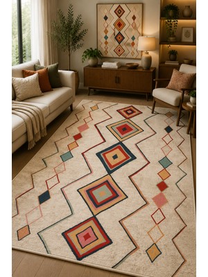 Norella Home Renkli Etnik Desenli Kaymaz Taban Yıkanabilir Halı Salon Halısı Oturma Odası Halısı Koridor Halısı Antre Halısı Bohem Dekoratif Halı
