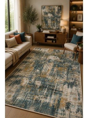 Norella Home Modern Soyut Desenli Kaymaz Taban Yıkanabilir Halı Salon Halısı Koridor Halısı Antre Halısı Dekoratif Halı Gri Hardal Renkli Halı