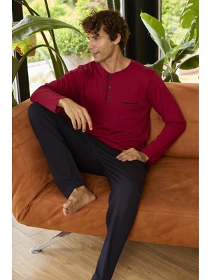 Kly Premium Erkek %100 Pamuklu 4 Mevsim Rahat Kalıp Düğmeli Yaka Uzun Kollu Pijama Takım