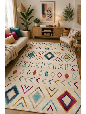 Norella Home Renkli Etnik Desenli Kaymaz Taban Yıkanabilir Halı Salon Halısı Oturma Odası Halısı Koridor Halısı Antre Halısı Bohem Dekoratif Halı