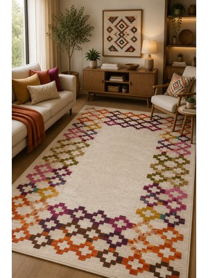 Norella Home Renkli Etnik Desenli Kaymaz Taban Yıkanabilir Halı Salon Halısı Koridor Halısı Antre Halısı Bohem Dekoratif Halı Modern Kilim Desenli Halı
