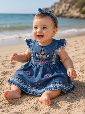 Bubiee Baby Kız Bebek Kot Elbise Unicorn Nakışlı Dantel Detaylı Mavi Denim Fırfırlı Doğum Günü Elbisesi