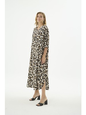 Gizzey Kadın Oversize Leopar Desenli Uzun Elbise Kapri Kol Rahat Kesim C7T0N512