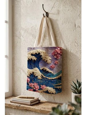 Bagg Kanagawa Dalga ve Sakura Desenli Kanvas Bez Çanta