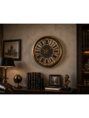 Sleep Nova Roma Rakamlı Dekoratif Metal Duvar Saati Gold Vintage Büyük Boy Salon ve Ofis Saati