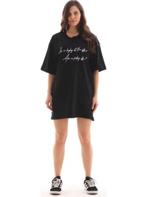 Deluxe Takı ve Giyim Unisex Bisiklet Yaka Baskılı Oversize T-Shirt - Siyah