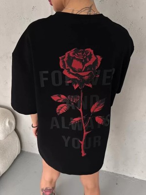 Deluxe Takı ve Giyim Unisex Bisiklet Yaka Baskılı Oversize T-Shirt - Siyah
