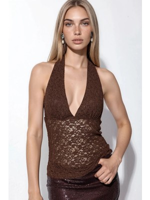 Hiccup Kadınlar Busem Kadın Payetli Halter Crop Bluz Kahve Kahvesi