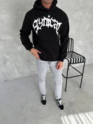 Deluxe Takı ve Giyim Unisex Üç Iplik Kapşonlu Baskılı Sweatshirt - Siyah