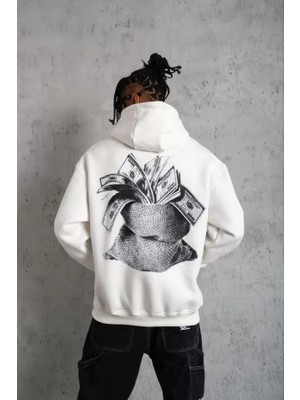 Deluxe Takı ve Giyim Erkek Kanguru Cep Baskılı Kapüşonlu Sweatshirt - Beyaz