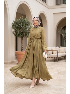 Md Gold Broşlu Kendinden Bolerolu Elbise Yeşil Olive