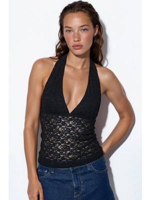 Hiccup Kadınlar Busem Kadın Payetli Halter Crop Bluz Siyah
