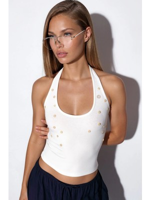 Hiccup Kadınlar Busem Işlemeli Slim Fit Kolsuz Bluz Beyaz